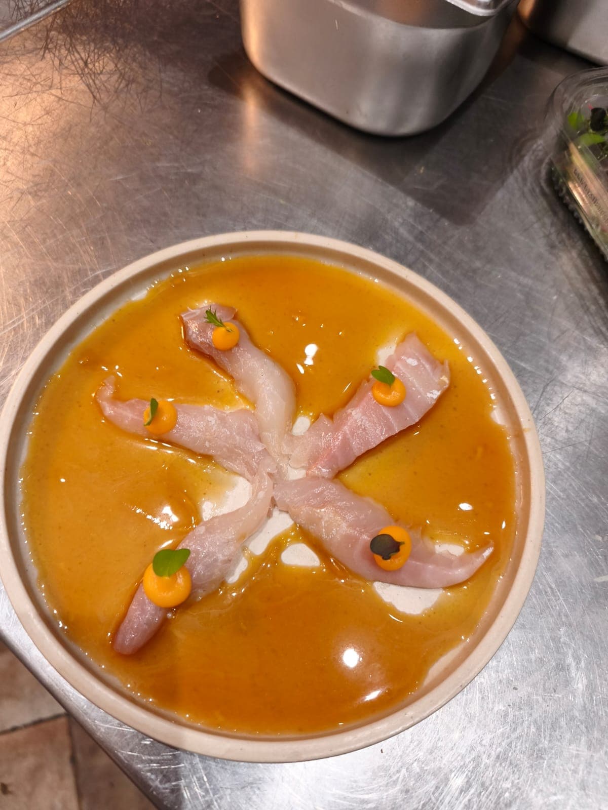 Sea Bass Crudo in Saffron Broth