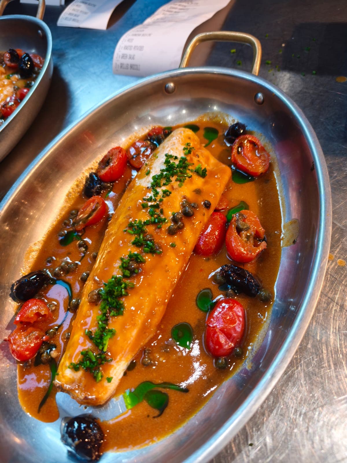 Salmon in Tomato-Caper-Olive Bisque
